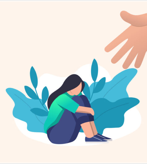 Illustration of a woman sitting on the ground looking sad. A hand is reaching down to offer her help to stand