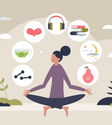 illustration of a woman meditating with icons symbolizing balance surrounding her. Icons include dumbbells, green tea, headphones ,books ,a heart, etc.