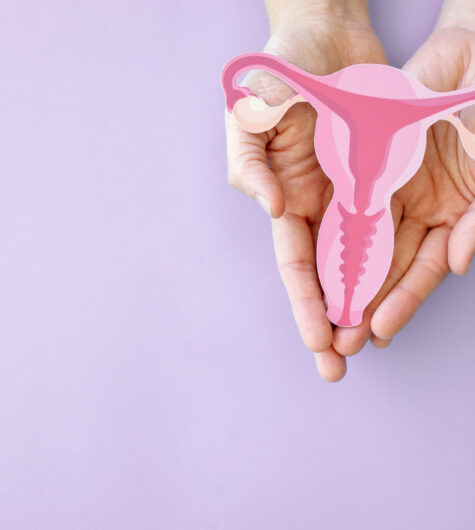A woman's hands are holding a cut-out of a uterus and ovaries in front of a light purple background.