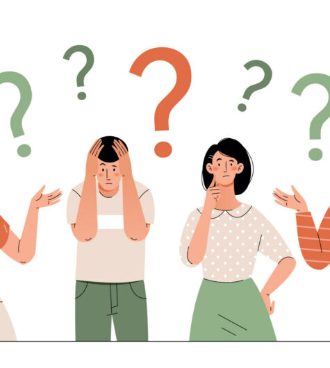 Illustration of men and women looking confused or concerned--question marks float above them to signify them asking questions about oral and genital herpes.